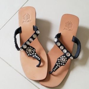 Leather Studded and Crystal Wedged Flip Flops